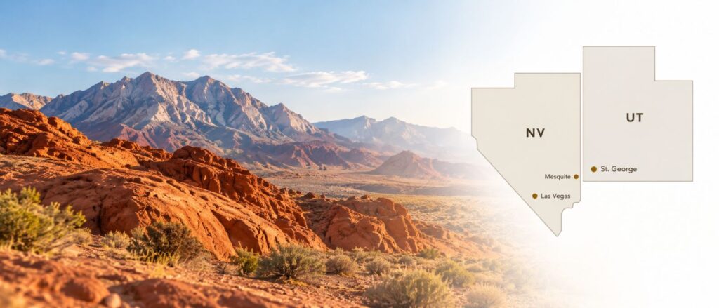 Las Vegas Desert with Nevada and Utah Map Showing Orchestra School Purchases in Las Vegas and St George are support areas.