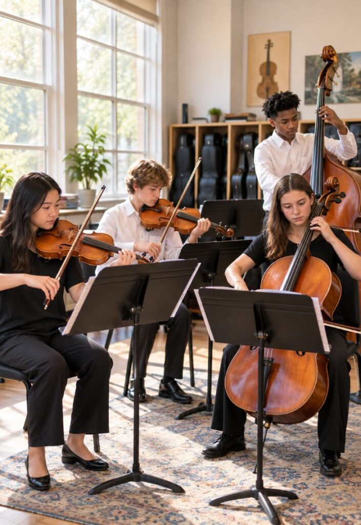 A violin player, viola, player, cello player, and double bass player in an orchestra classroom.