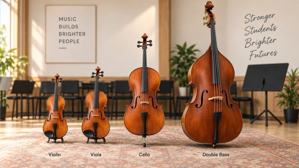Violin, Viola, Cello, and Double Bass Instrument in School Orchestra Classroom.