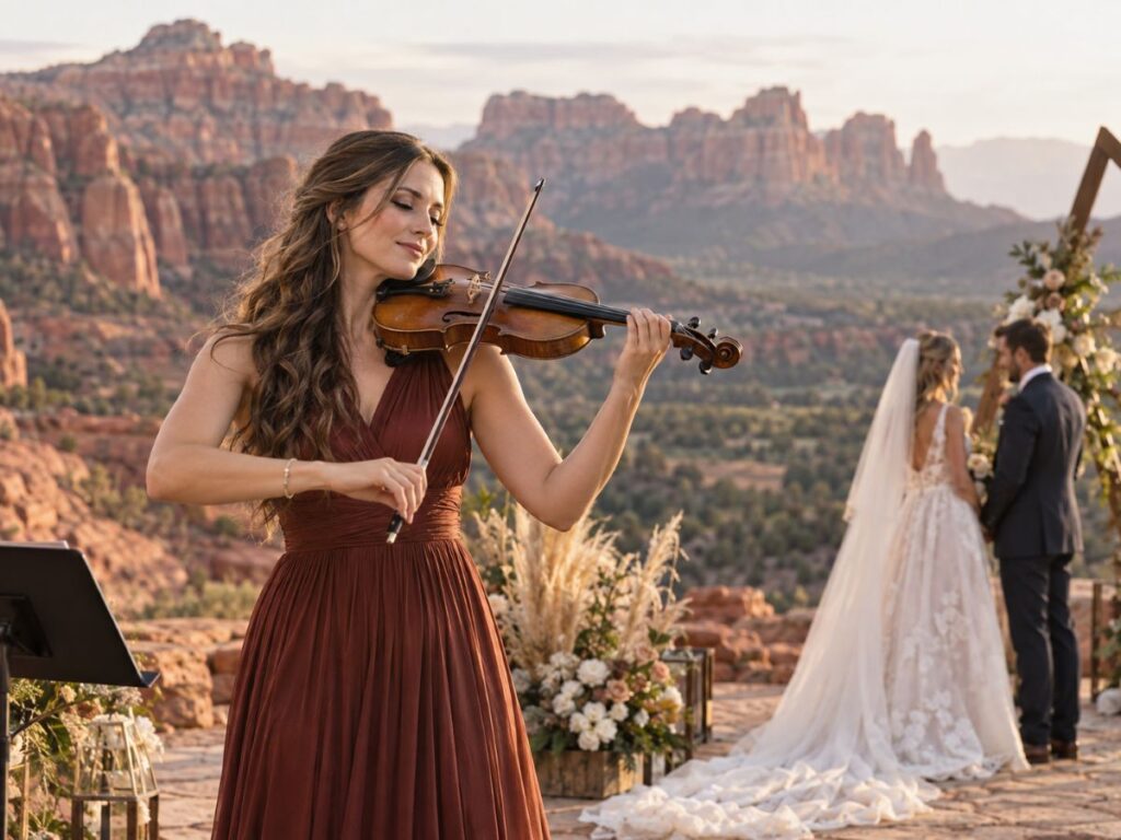 Women playing a violin she rented at a southern utah wedding.